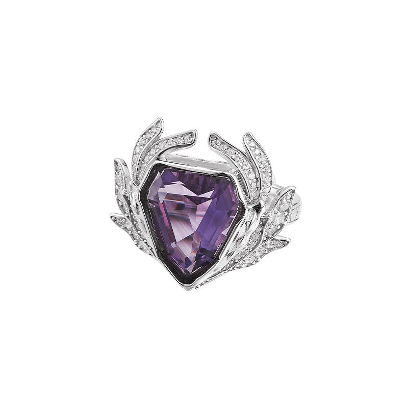 S925 silver light luxury geometric section amethyst full diamond ring niche design fashionable personality adjustable ring