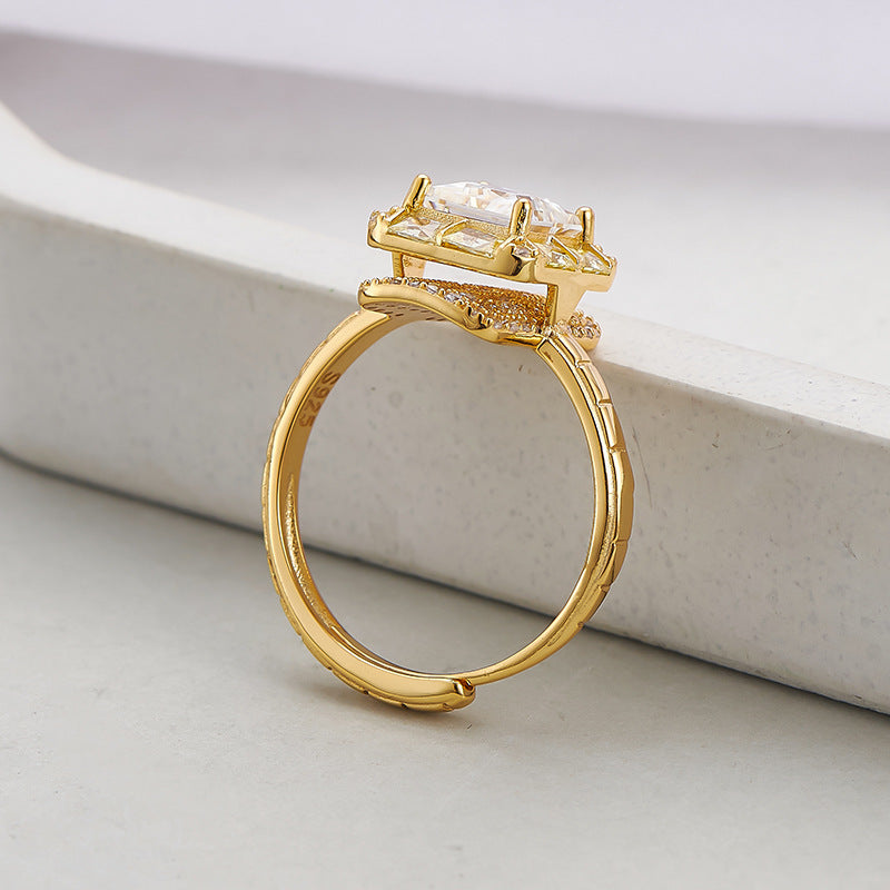 Square Citrine Ring - 925 Silver Super Flash - Niche Design Opening Index Finger Ring