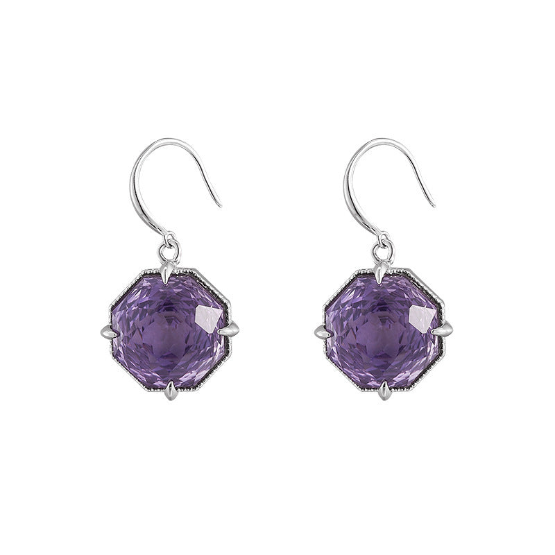 Hexagonal Amethyst Earrings - 925 Silver Geometric Ear Hooks - Light Luxury Design