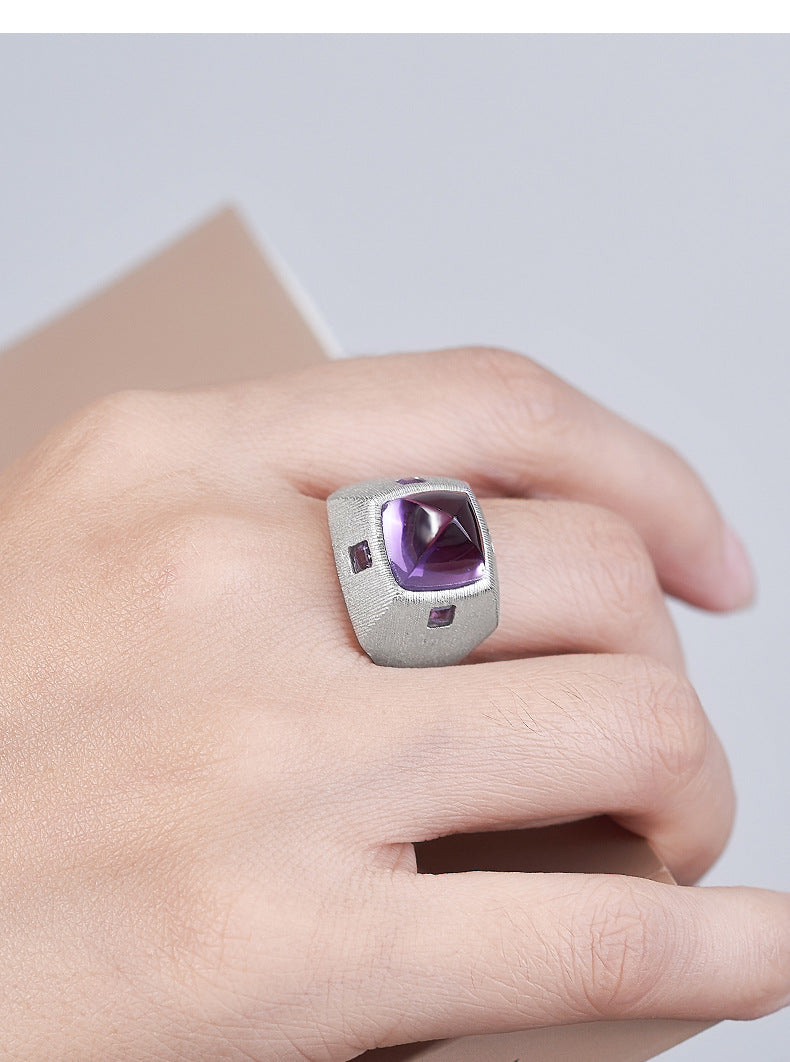 925 Sterling Silver Brushed Amethyst Diamond-Shaped Open Ring