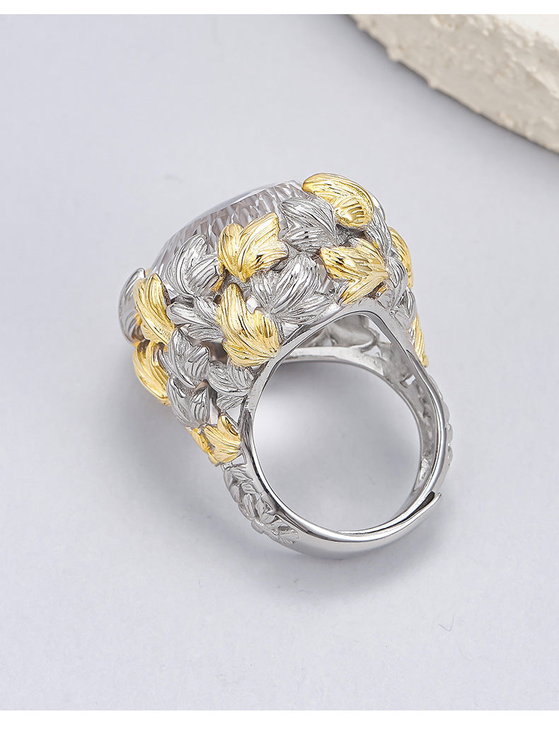 Hollow Leaf Crystal Ring - 925 Silver Exaggerated Design - Statement Citrine Index Finger Ring