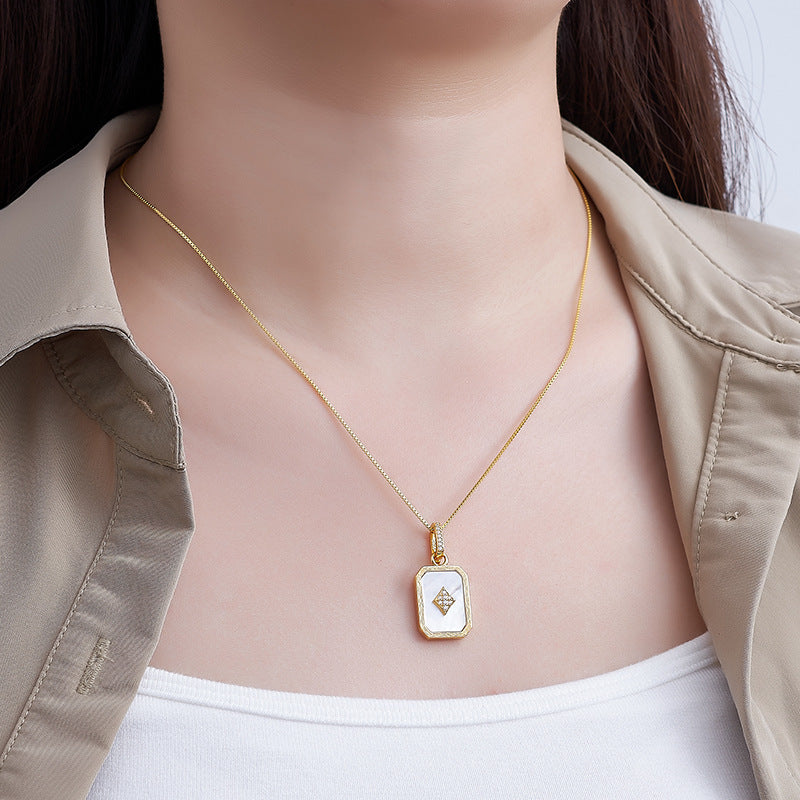 S925 silver-plated hemming inlaid shell pendant light luxury niche design playing card pendant collarbone necklace women
