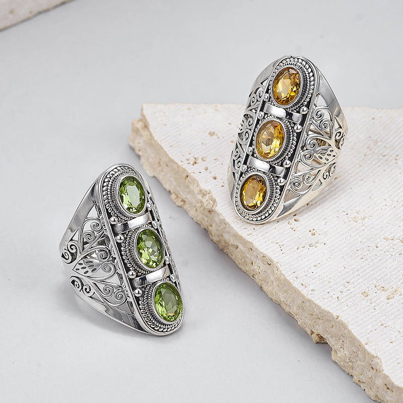 925 Sterling Silver Hollow Citrine & Peridot Adjustable Ring - Vintage Court Style