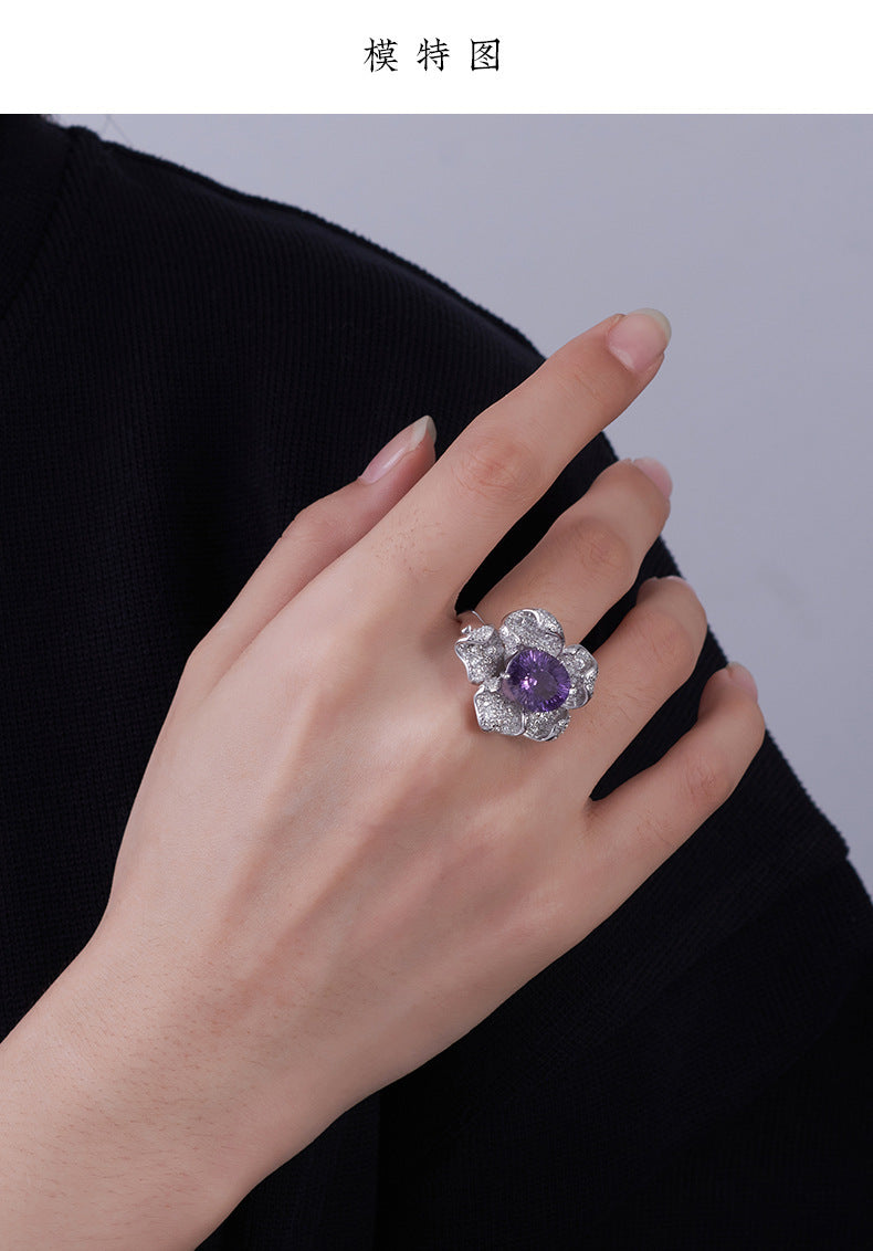 925 Sterling Silver Amethyst Flower Ring - Vintage Design