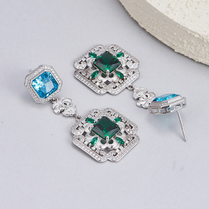 S925 silver long stud earrings retro synthetic emerald geometric high-end temperament earrings