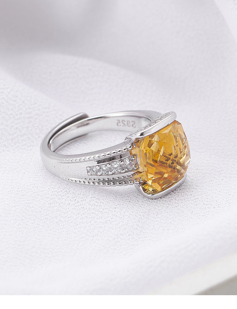 Faceted Amethyst Square Ring - 925 Sterling Silver Adjustable Open Band with Citrine Accents