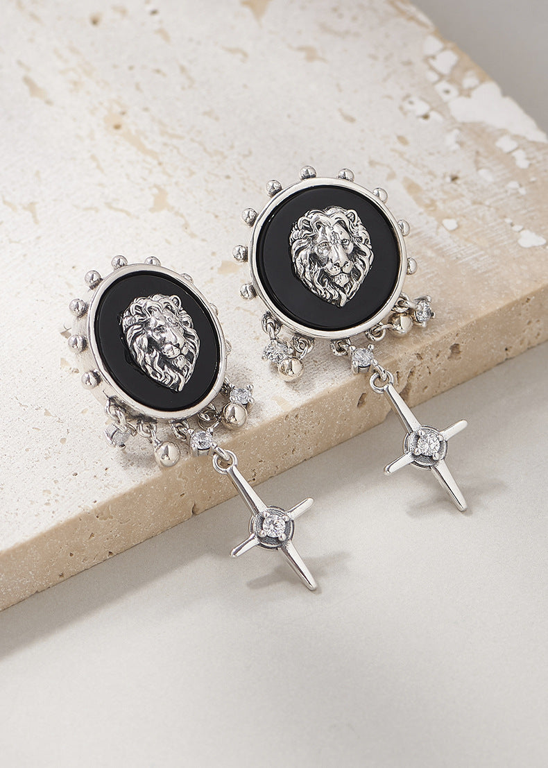 925 Sterling Silver Lion Head Black Onyx Tassel Earrings - Unisex