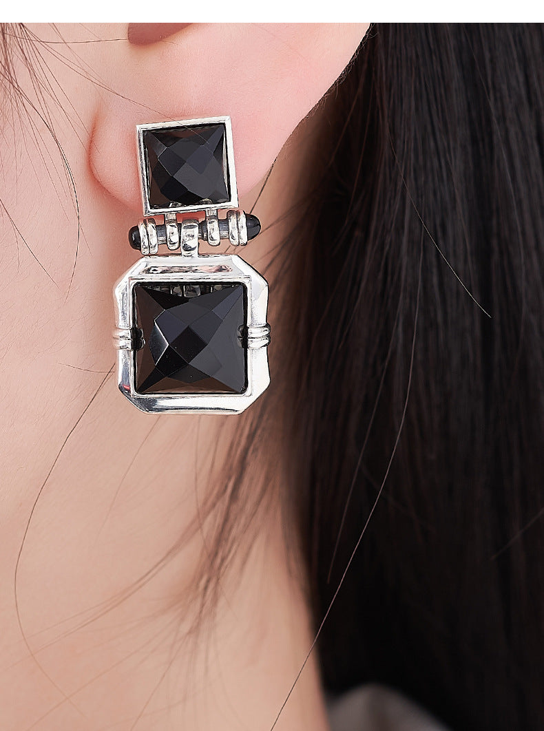 925 Sterling Silver Square Faceted Black Onyx Stud Earrings