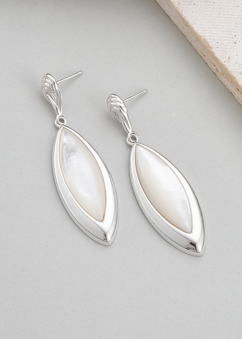 925 Sterling Silver White Shell Marquise Stud Earrings - Vintage Design