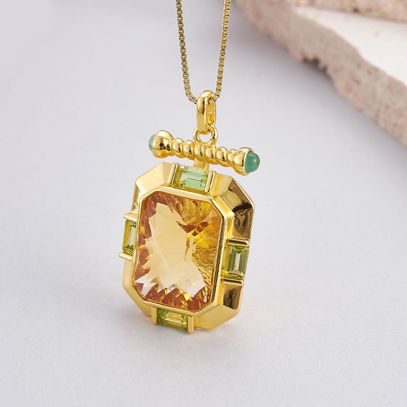 925 Sterling Silver Gold Plated Square Citrine Pendant Necklace