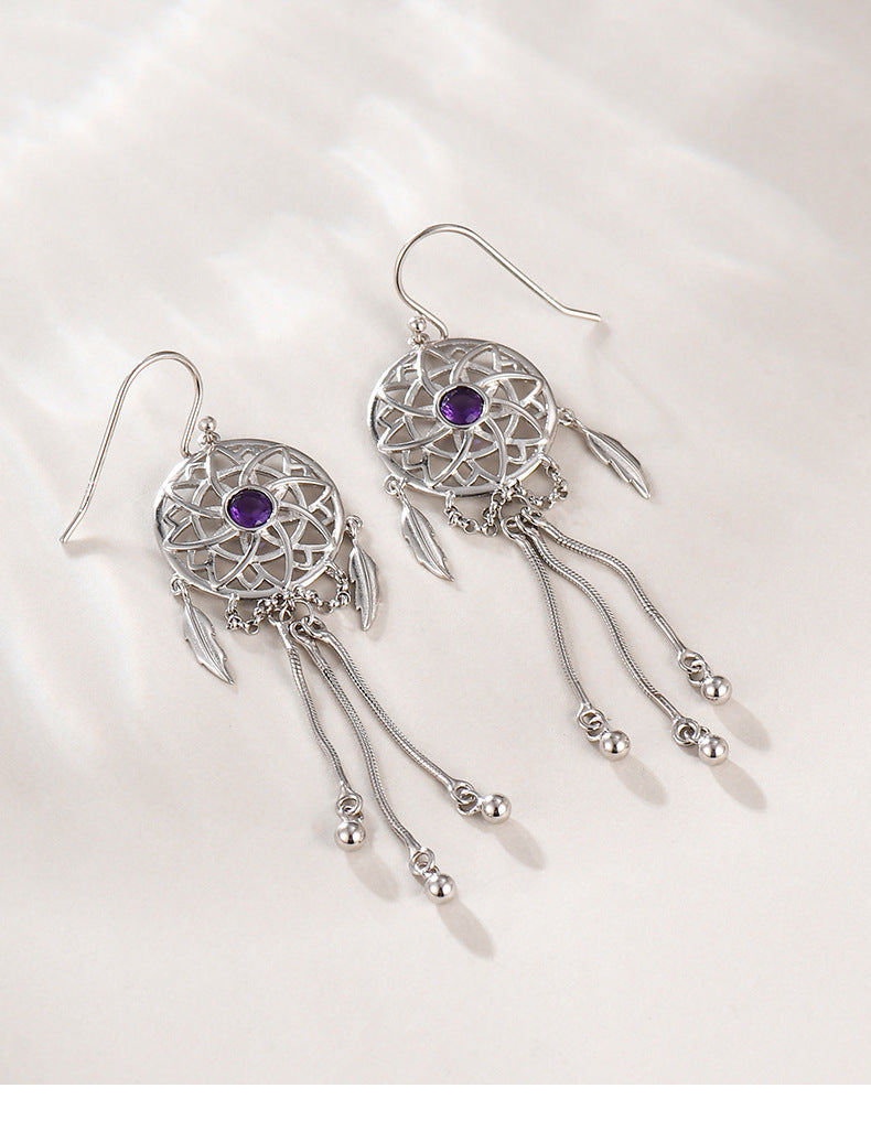 925 Sterling Silver Dreamcatcher Tassel Dangle Earrings - Bohemian Design