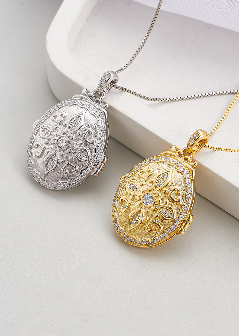 S925 silver pattern oval photo box heart-shaped couple necklace niche texture pendant can be opened for photos