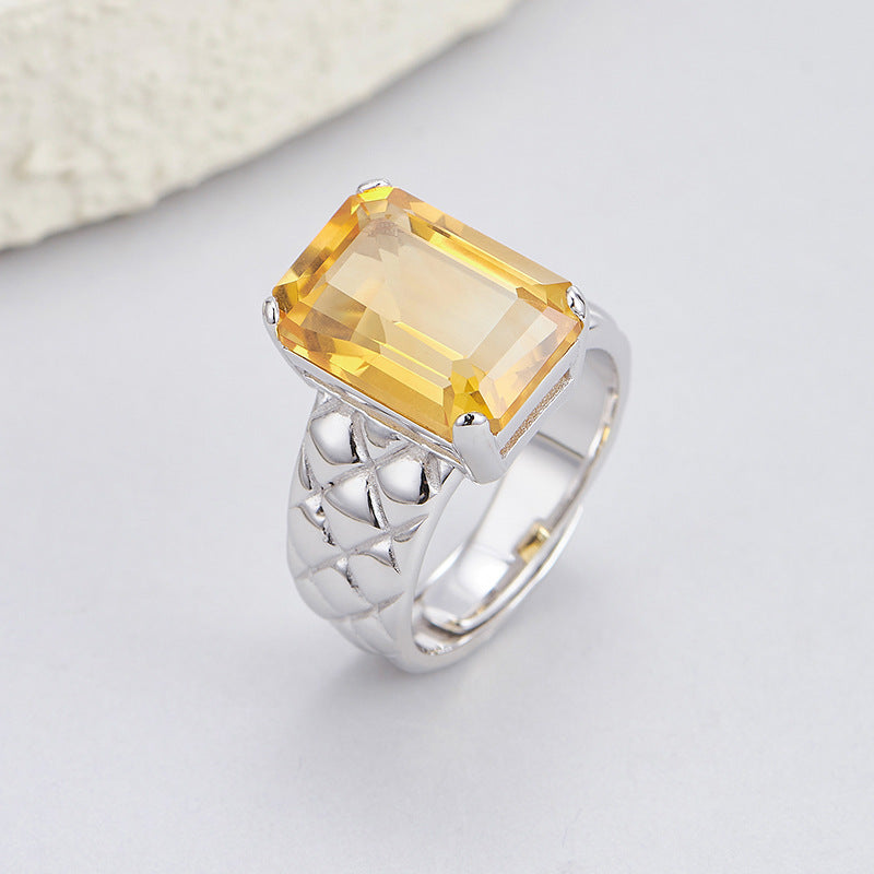 S925 silver natural cut citrine texture square ring cold wind personality temperament ring