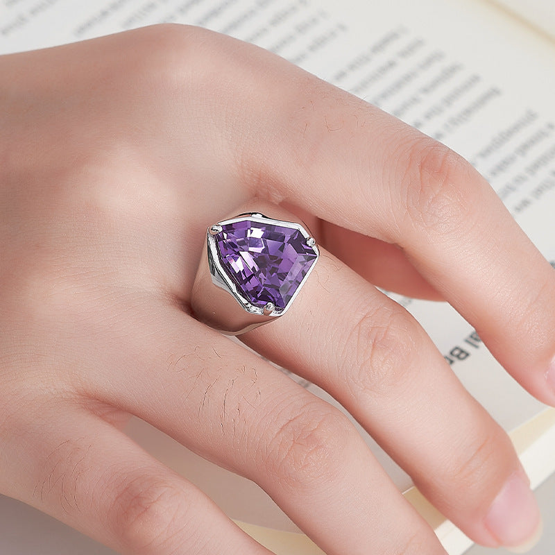 S925 silver cut amethyst geometric personality open ring fashionable simple sweet cool temperament adjustable ring