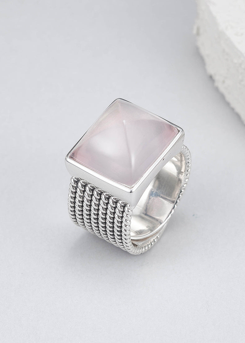 925 Sterling Silver Wide Pink Crystal Square Ring - Minimalist Unisex
