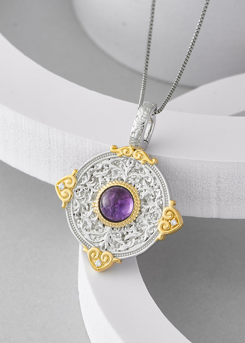 925 Sterling Silver Amethyst Double-Sided Round Pendant Necklace - Chinese Style