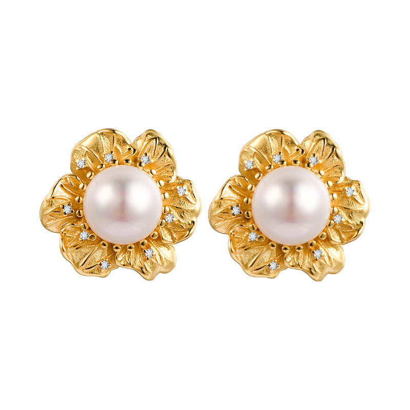 925 Sterling Silver Pearl Flower Stud Earrings - Vintage Design