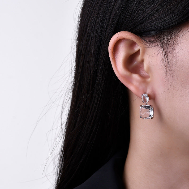 925 Sterling Silver Square Crystal Stud Earrings - Minimalist Design