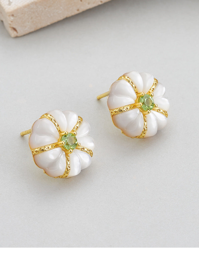 925 Sterling Silver White Shell Peridot Flower Stud Earrings - French Vintage