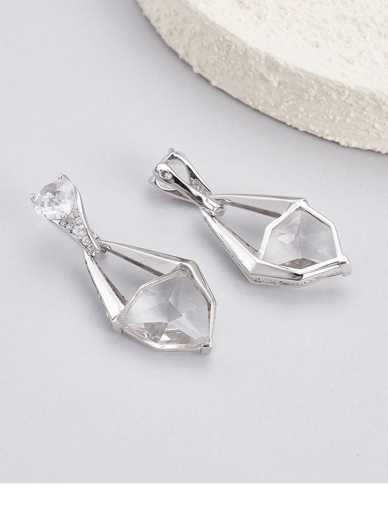 925 Sterling Silver Faceted White Crystal Geometric Dangle Earrings