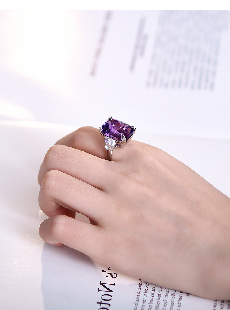 925 Sterling Silver Square Faceted Amethyst Ring - Minimalist Design