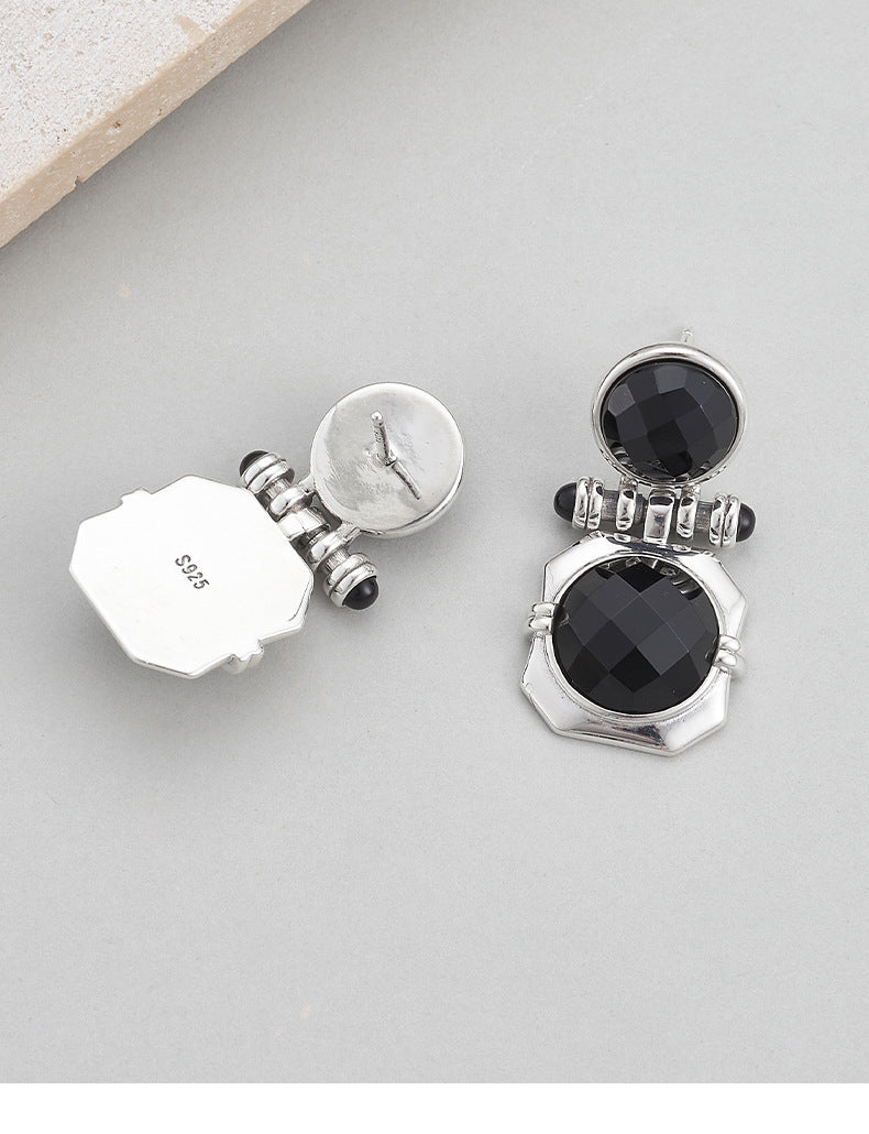 Faceted Onyx Stud Earrings - Solid 925 Silver Setting