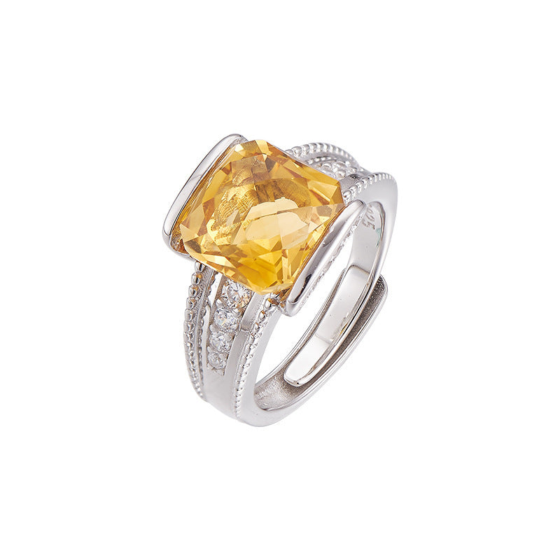 Faceted Amethyst Square Ring - 925 Sterling Silver Adjustable Open Band with Citrine Accents
