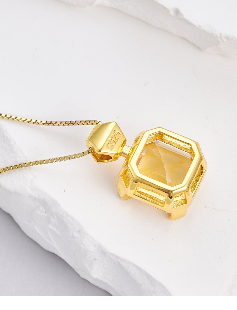S925 silver simple and fashionable sugar cube citrine pendant light luxury niche design geometric collarbone necklace