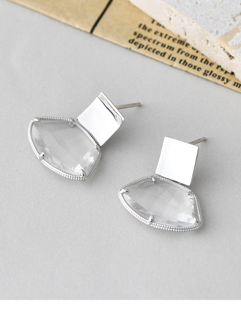 Fan-Shaped White Quartz Stud Earrings - 925 Sterling Silver Bezel Set Minimalist Design