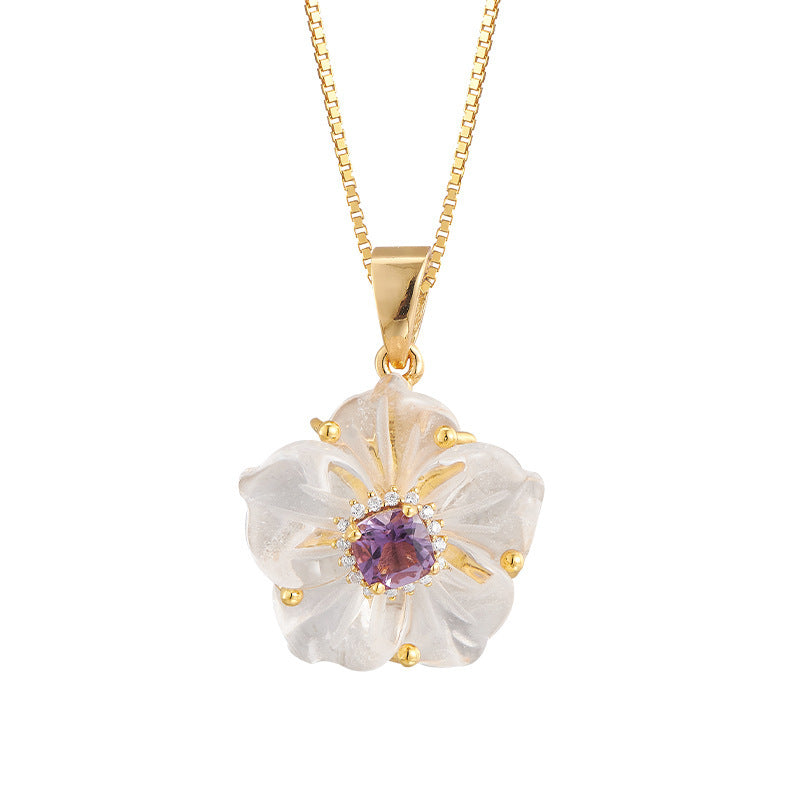 Zircon Crystal Flower Pendant - 925 Silver Micro-Inlaid - French Luxury Amethyst Necklace