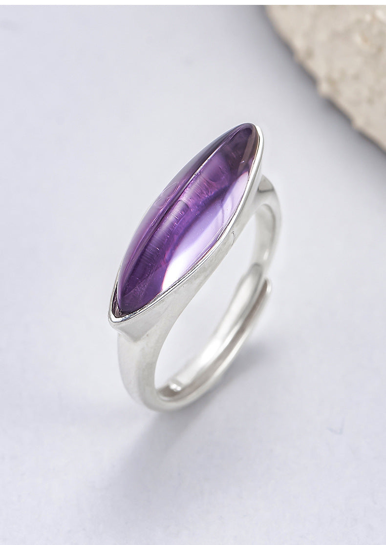 Minimalist Amethyst Marquise Ring - Adjustable Sterling Silver Band