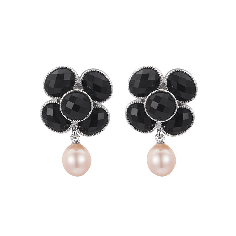 925 Sterling Silver Black Onyx Pearl Camellia Stud Earrings - French Design