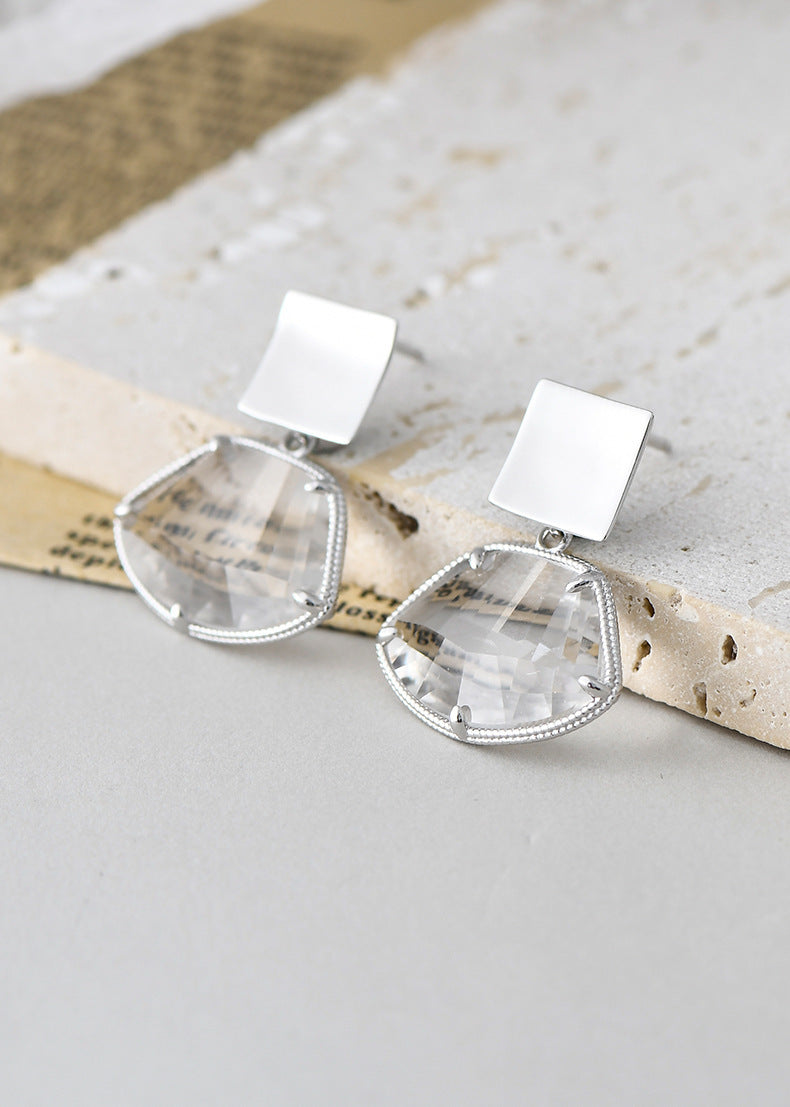 Fan-Shaped White Quartz Stud Earrings - 925 Sterling Silver Bezel Set Minimalist Design