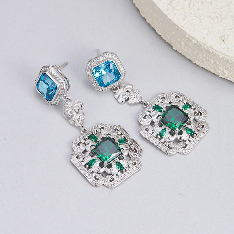 S925 silver long stud earrings retro synthetic emerald geometric high-end temperament earrings