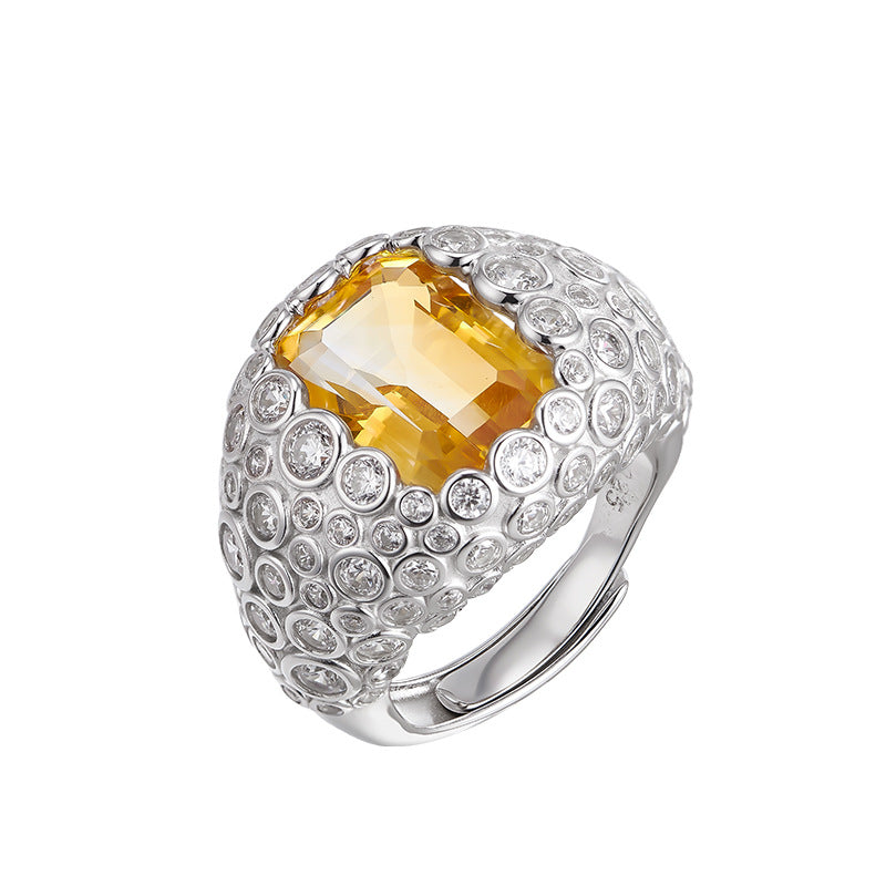 S925 silver super flash full diamond natural citrine ring heavy industry personalized design open index finger ring