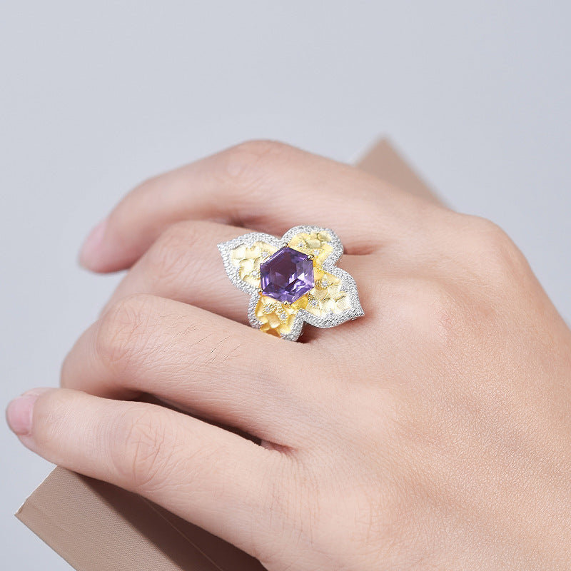 925 Sterling Silver Italian Faceted Amethyst Flower Open Ring