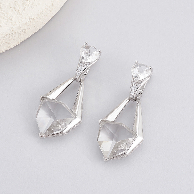 925 Sterling Silver Faceted White Crystal Geometric Dangle Earrings