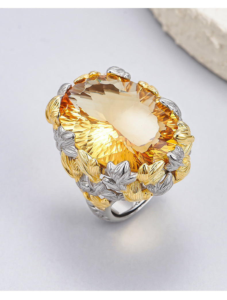 Hollow Leaf Crystal Ring - 925 Silver Exaggerated Design - Statement Citrine Index Finger Ring