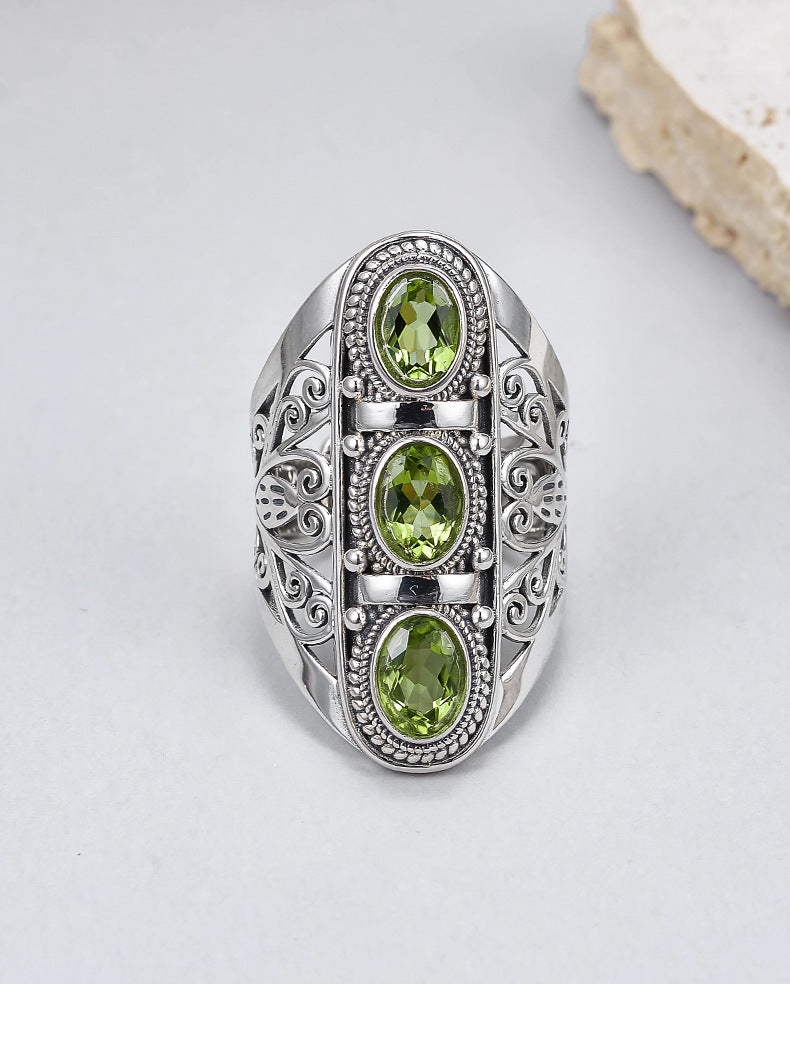 925 Sterling Silver Hollow Citrine & Peridot Adjustable Ring - Vintage Court Style
