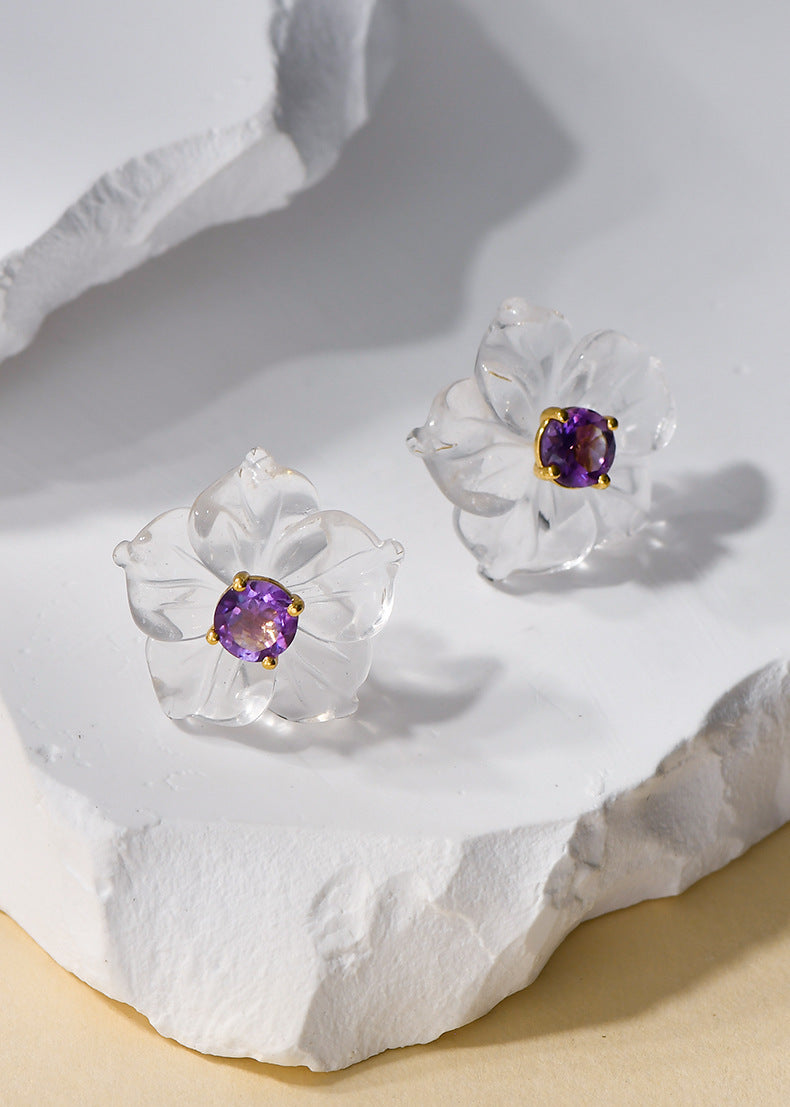 3D Flower Crystal Stud Earrings - 925 Silver Inlaid - Simple Temperament Fresh Design