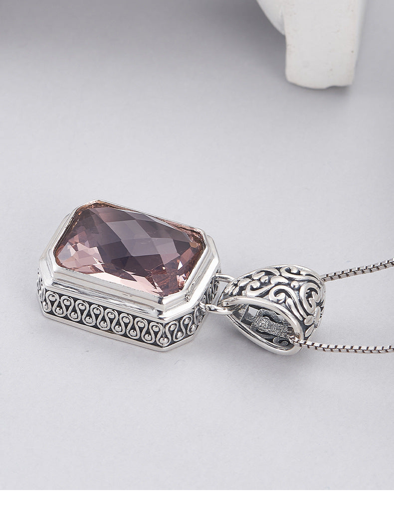 S925 Sterling Silver Morganite Square earrings rings Pendant Necklace Set