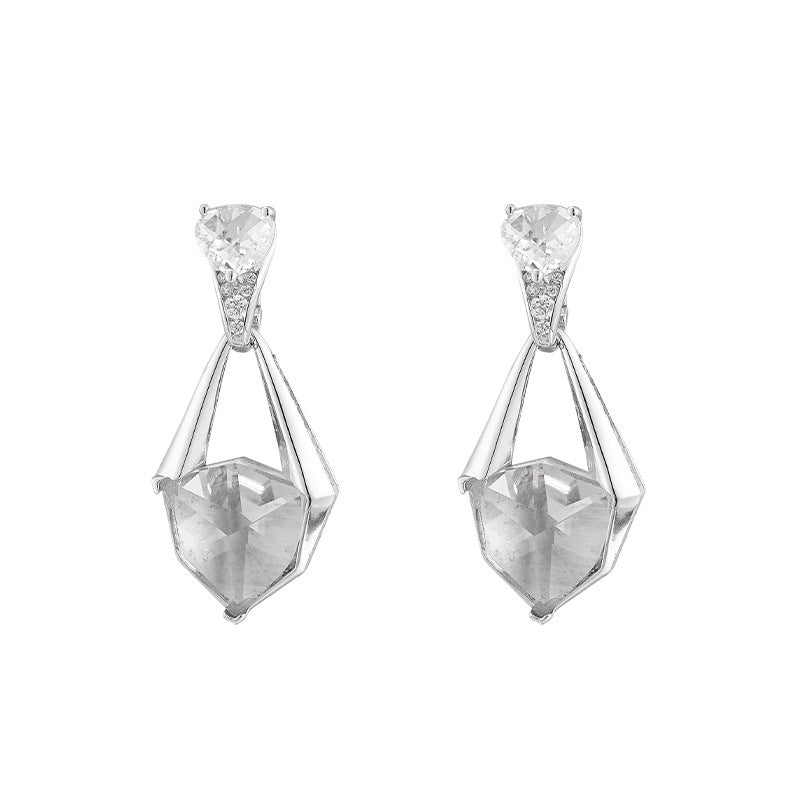 925 Sterling Silver Faceted White Crystal Geometric Dangle Earrings