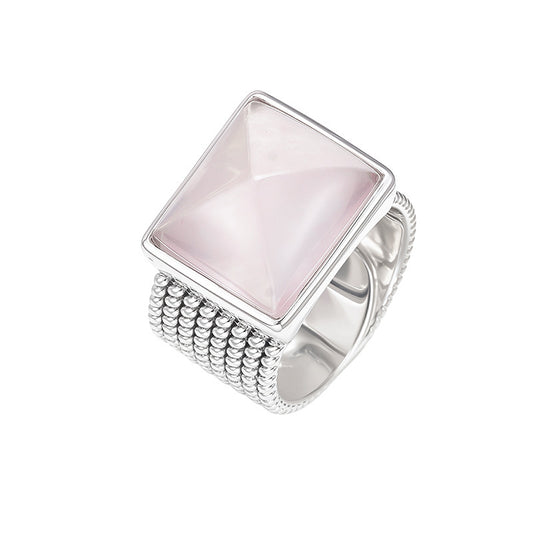 925 Sterling Silver Wide Pink Crystal Square Ring - Minimalist Unisex