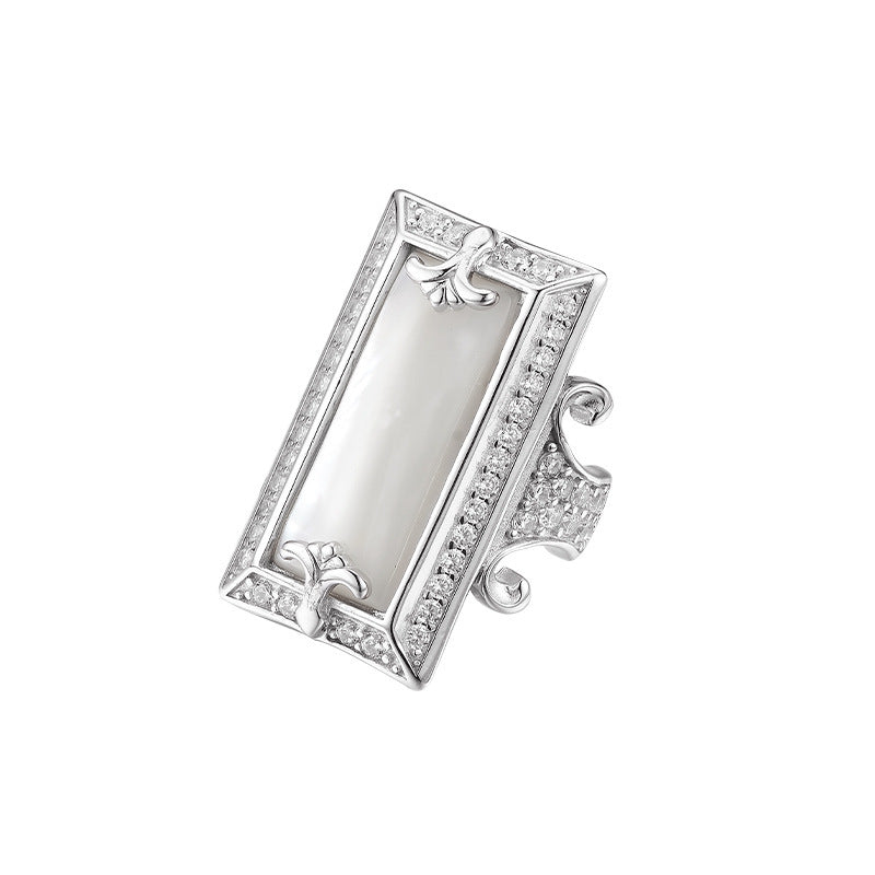 925 Sterling Silver White Shell Rectangular Ring with Crystals
