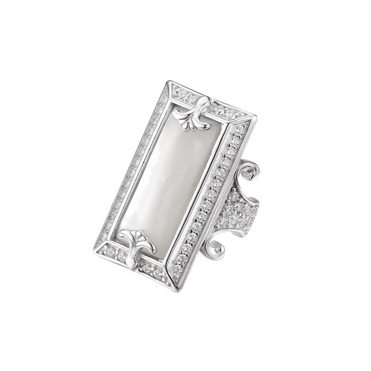 925 Sterling Silver White Shell Rectangular Ring with Crystals
