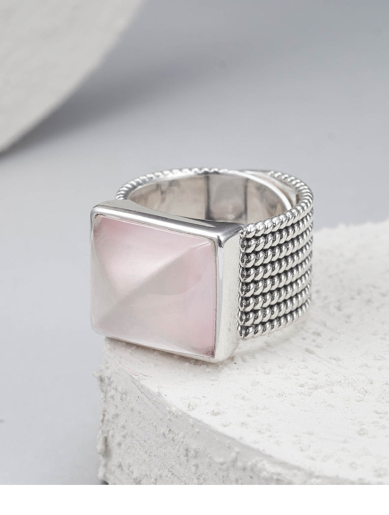 925 Sterling Silver Wide Pink Crystal Square Ring - Minimalist Unisex