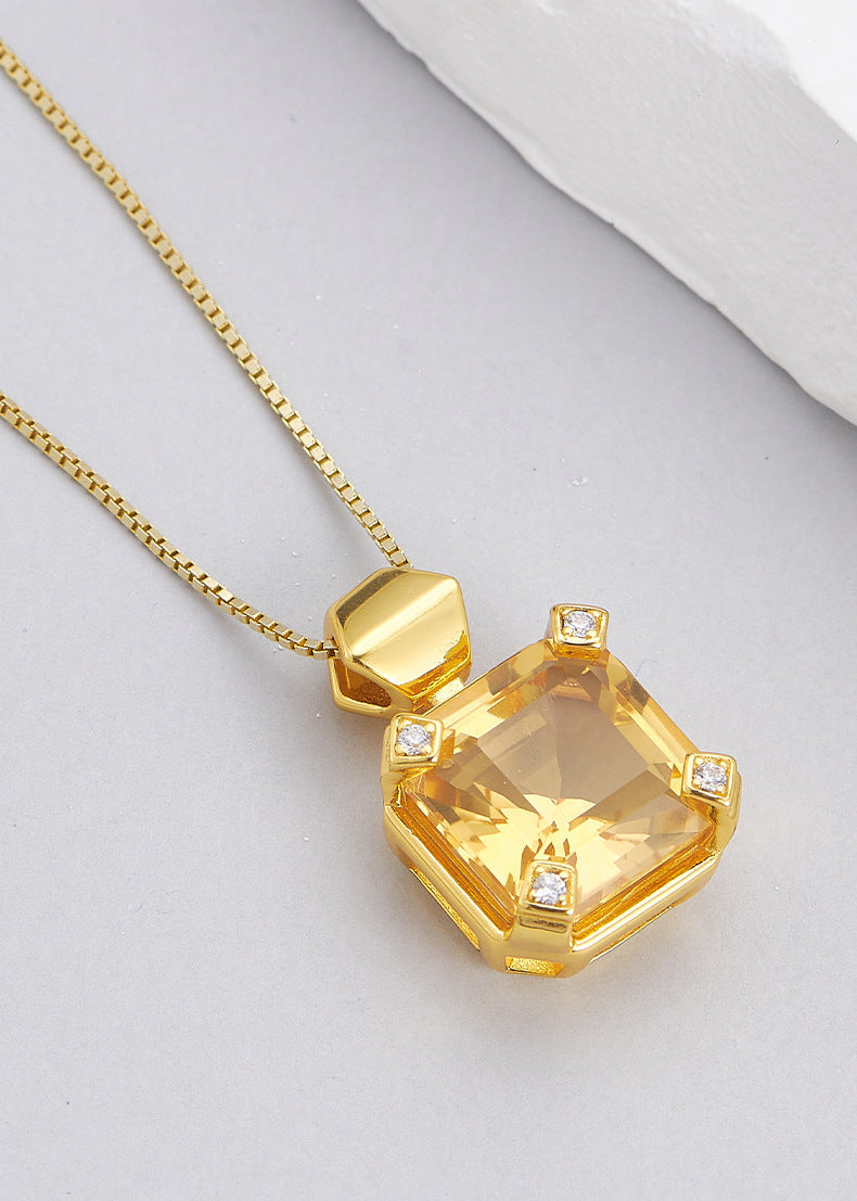 S925 silver simple and fashionable sugar cube citrine pendant light luxury niche design geometric collarbone necklace