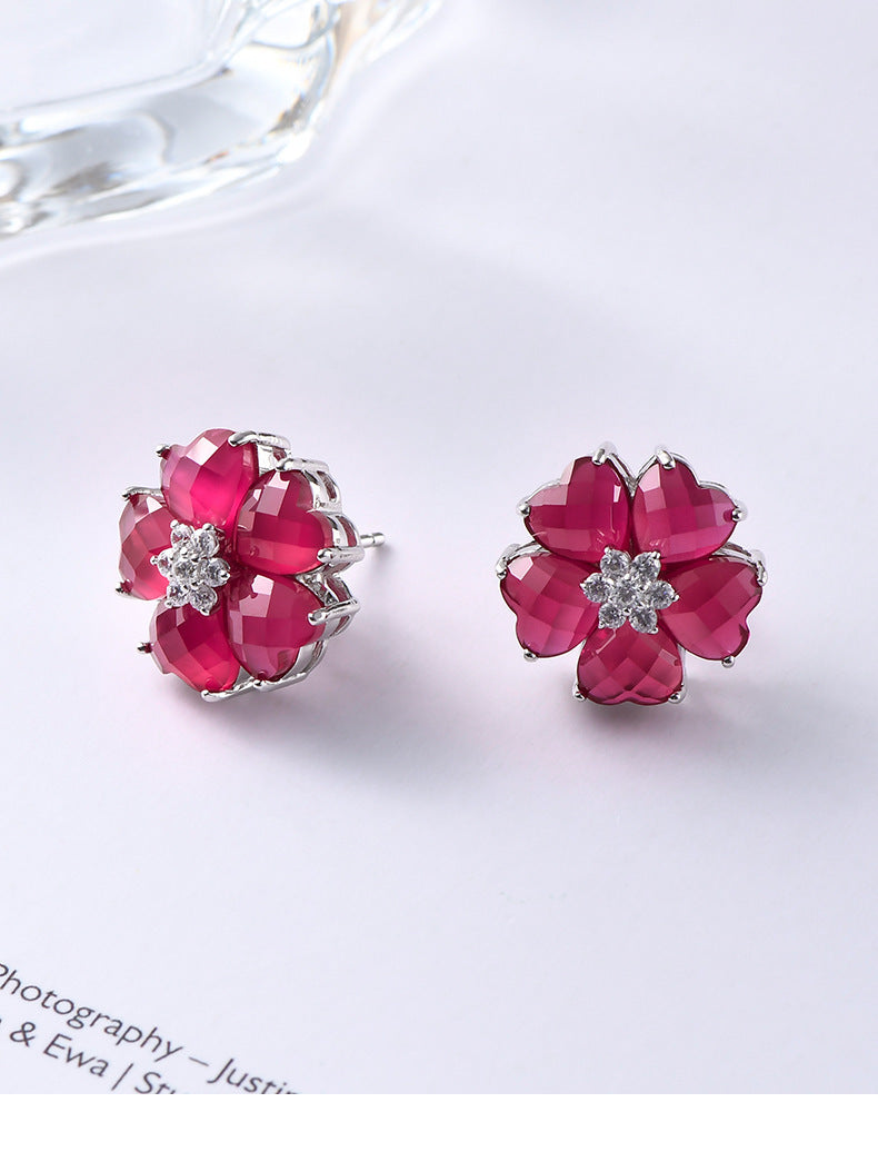 S925 silver heart-shaped redstone stud earrings fashion light luxury simple flower niche gemstone earrings women