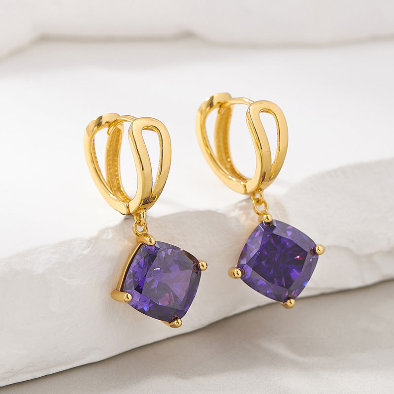 925 Sterling Silver Gold Plated Geometric Purple Stone Dangle Earrings - French Vintage