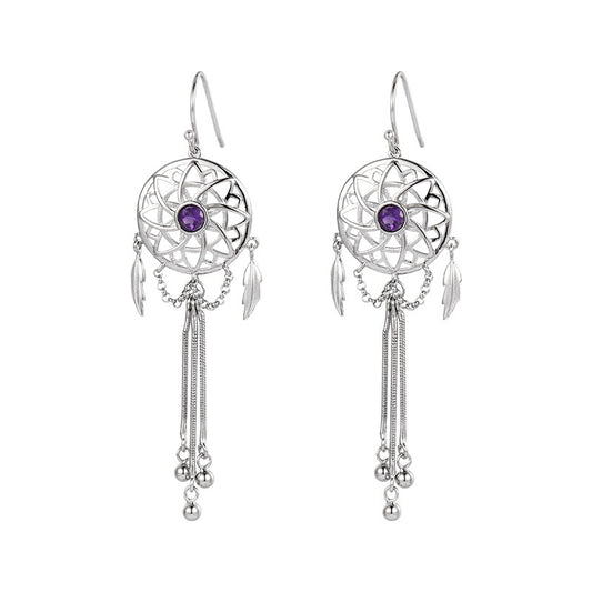 925 Sterling Silver Dreamcatcher Tassel Dangle Earrings - Bohemian Design